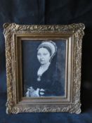 An overpainted print of a Tudor woman in