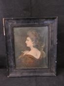Print of a rEgency lady in fine dress within ebonised frame.