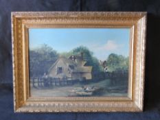 A contemporary oil painting of a thatche