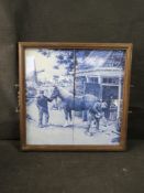 A blue and white tile tray, one handle a/f.