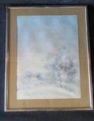 Print; misty farmland, framed and glazed