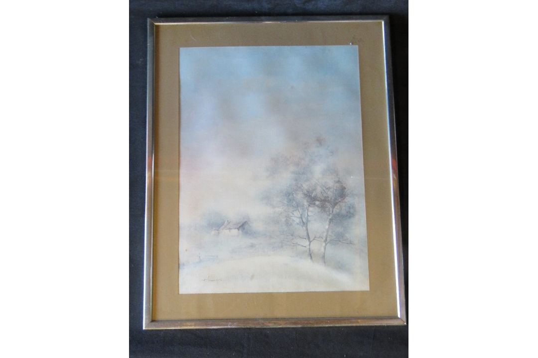 Print; misty farmland, framed and glazed - Image 1 of 2
