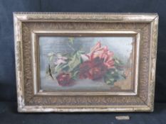Oil on canvas, roses, in gilded frame, a/f throughout.