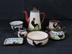 Torquay / Devon motto ware pottery; various items with black cockerel design, various marks.