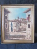 A contemporary oil painting of a street scene, framed 63 x 54cm.