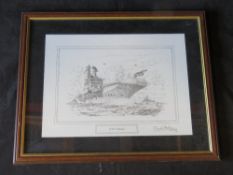 Signed print, HMS Hermes aircraft carrier by David Hawker, signed in pencil by the artist,