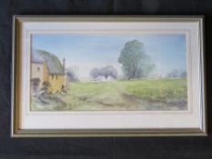 Watercolour, Norman D Whiting (Devon) fields with trees and houses beyond, framed and glazed 57.