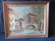 A contemporary oil painting of houses and bridge over a river, signed indistinctly, framed 62.