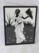 A black and white print of a Regency style female, signed lower right, framed and glazed, 26 x 20cm.