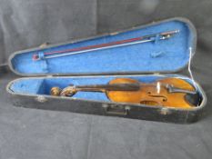 A vintage violin with bow, a/f, no apparent label within.