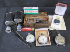 A quantity of collectables including Voltmeter, pocket watches, cartridge telescope, etc.