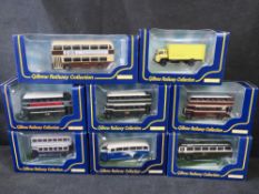 Scale model vehicles, Gilbow Railway collection buses and commercial vehicles, eight items.