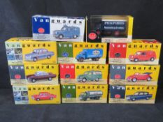 Scale model vehicles, Vanguards cars and commercial vehicles, 11 items.