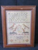 Print of an early 19th century sampler 'Elizabeth Willette 1806', framed.
