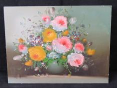 A contemporary oil on board study of flowers.