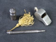 A Sterling silver pencil, a hallmarked silver snuff pot and a whistle.