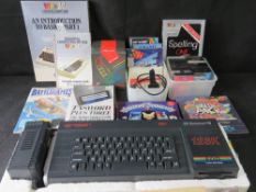 Vintage computer equipment and games; ZX Spectrum +3, Siclair controller, Commodore VIC 20 game,