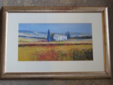 Print; field of poppies with hose to background, framed.