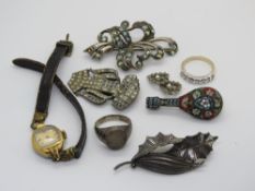 A silver leaf brooch together with a small quantity of costume jewellery and a ladies Junghans
