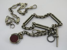 Two white metal Albert watch chains, one having agate fob upon.