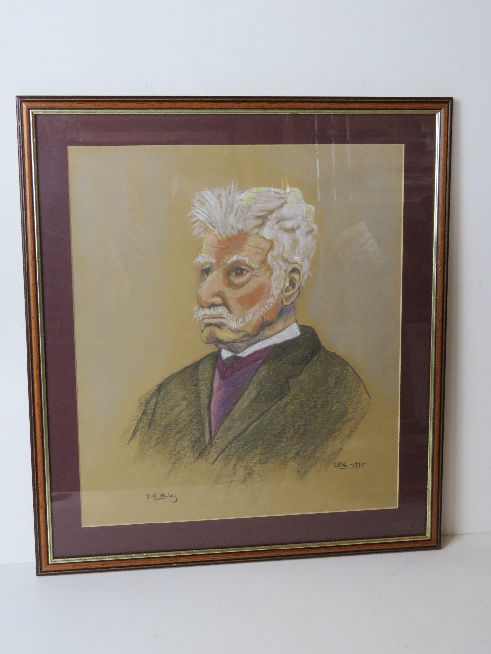 Pastel portrait 'Eric 1995' J N Anley being a white haired gentleman in suit jacket with purple