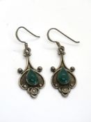 A pair of silver and green stone drop earrings, stamped 925.