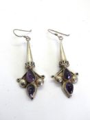 A large pair of silver and amethyst drop earrings, stamped 925.