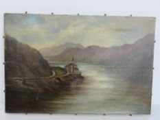 Oil on canvas of a castle with mountains beyond, signed indistinctly lower right and dated 1900,