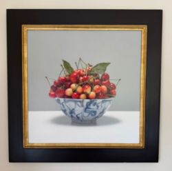 Fine Art; Luciano Ventrone (b.1942) Oil on linen. Primo Mattino' (early morning) study of a bowl of cherries.