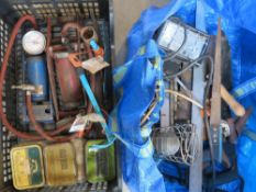 A quantity of tools including lamps, foot pumps etc.