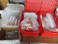 A large quantity of disposable party plates, Pimms cups,