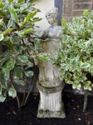 A garden bird bath statue raised over classical style base, 120cm high.