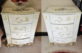 A pair of hand painted floral three drawer bedside tables, 46 x 28 x 65cm.