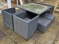 A square shaped garden patio table with four chairs and four stools, 130 x 130cm table.