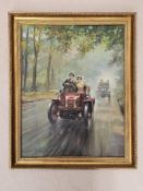 Roland Davies (British 1904-1993), Oil on canvas, a contemporary study of Edwardian cars,