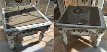 A pair of continental style square shaped side tables, 55 x 55 x 40cm