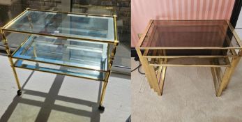 A three-tier brass framed part mirrored tea trolley, 79cm wide, together with a nest of three smoked