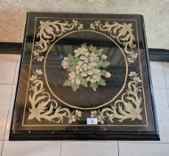 An oriental square shaped occasional table with gilded decoration throughout, circular pillar legs