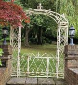 A painted iron garden pergola with single gate, some oxidation throughout, 175cm wide, 240 high.