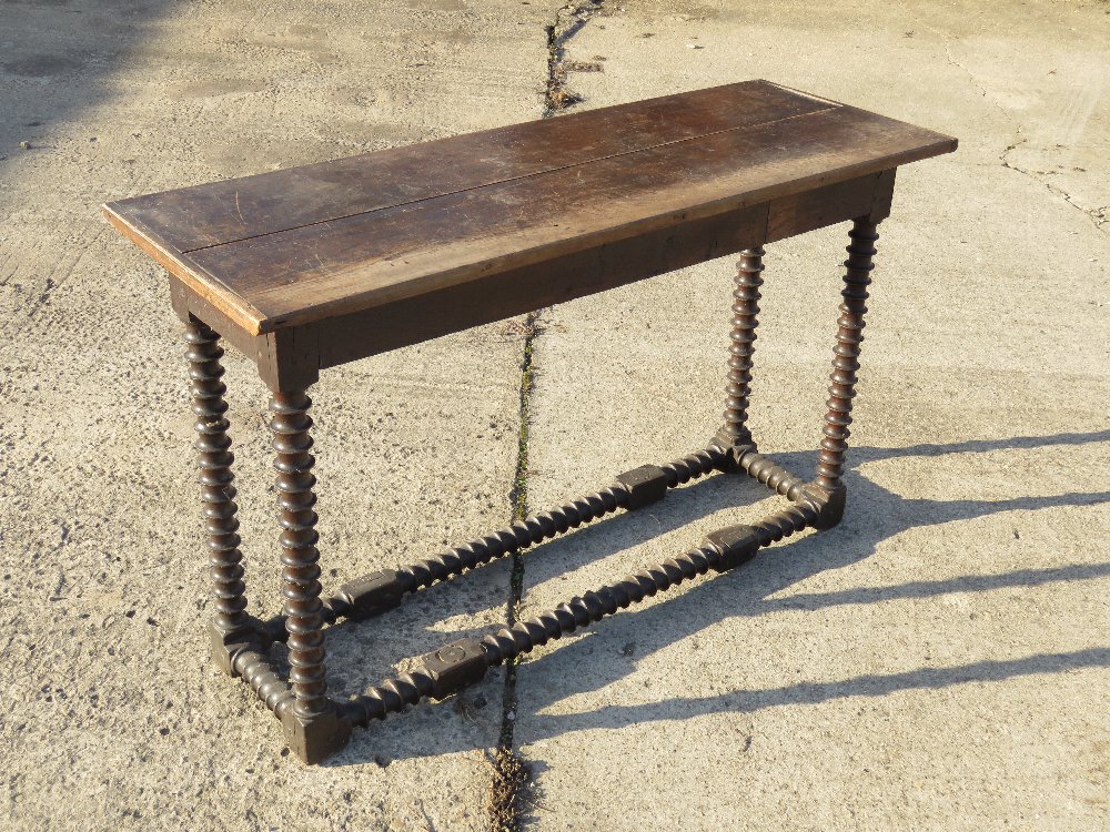 An antique oak console or hall table having barley twist legs and stretchers. - Image 3 of 6
