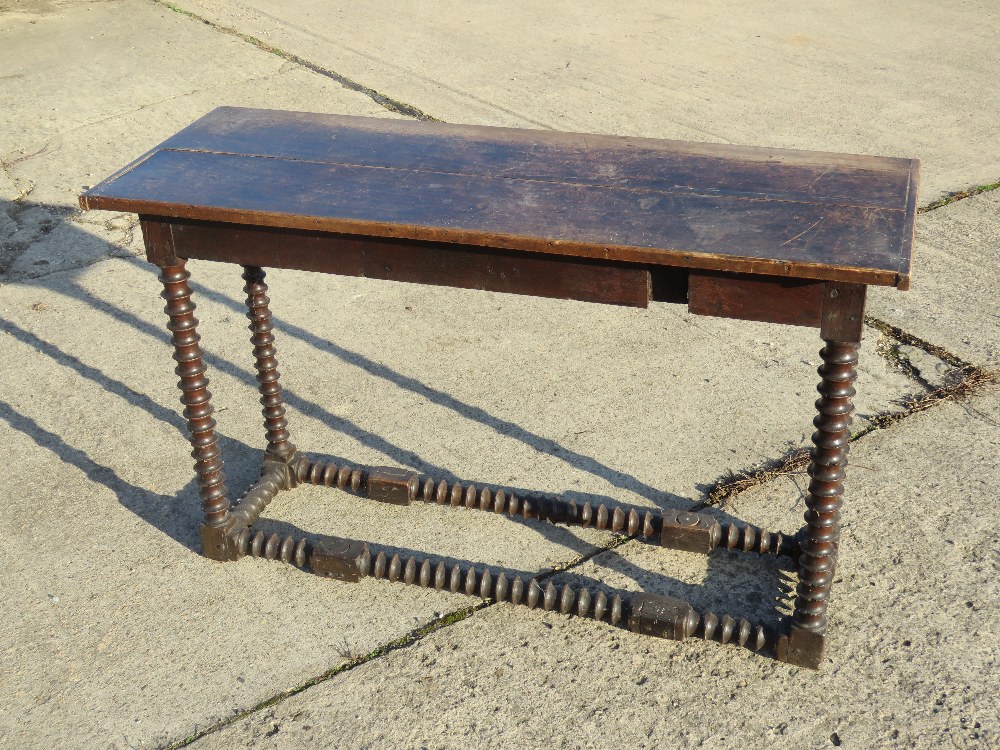 An antique oak console or hall table having barley twist legs and stretchers. - Image 2 of 6