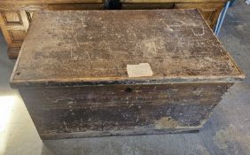 A well made pine blanket box with cast iron drop end handles, 91 x 52 x 50cm.