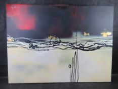 Abstract canvas print in white and red, heightened with black acrylic, 114 x 84cm.