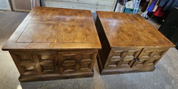 A pair of retro 1970s oak brutalist style side tables. Each 71 x 71 x 47cm.