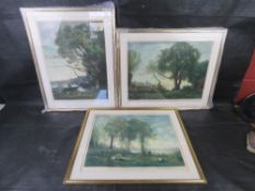 A set of three coloured Mezzotint etchings after Corot by H Scott Bridgwater,