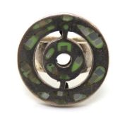 A 925 silver ring set with green and mother of pearl panels, size N.