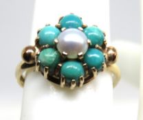 A delightful vintage 9ct gold turquoise and pearl ring, hallmarked, 2.8g, size J-K.