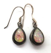 A pair of 925 silver and opal drop earrings.