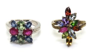 Two silver multi colour stone rings, size J/K.