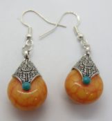 A pair of 925 silver and hardstone drop